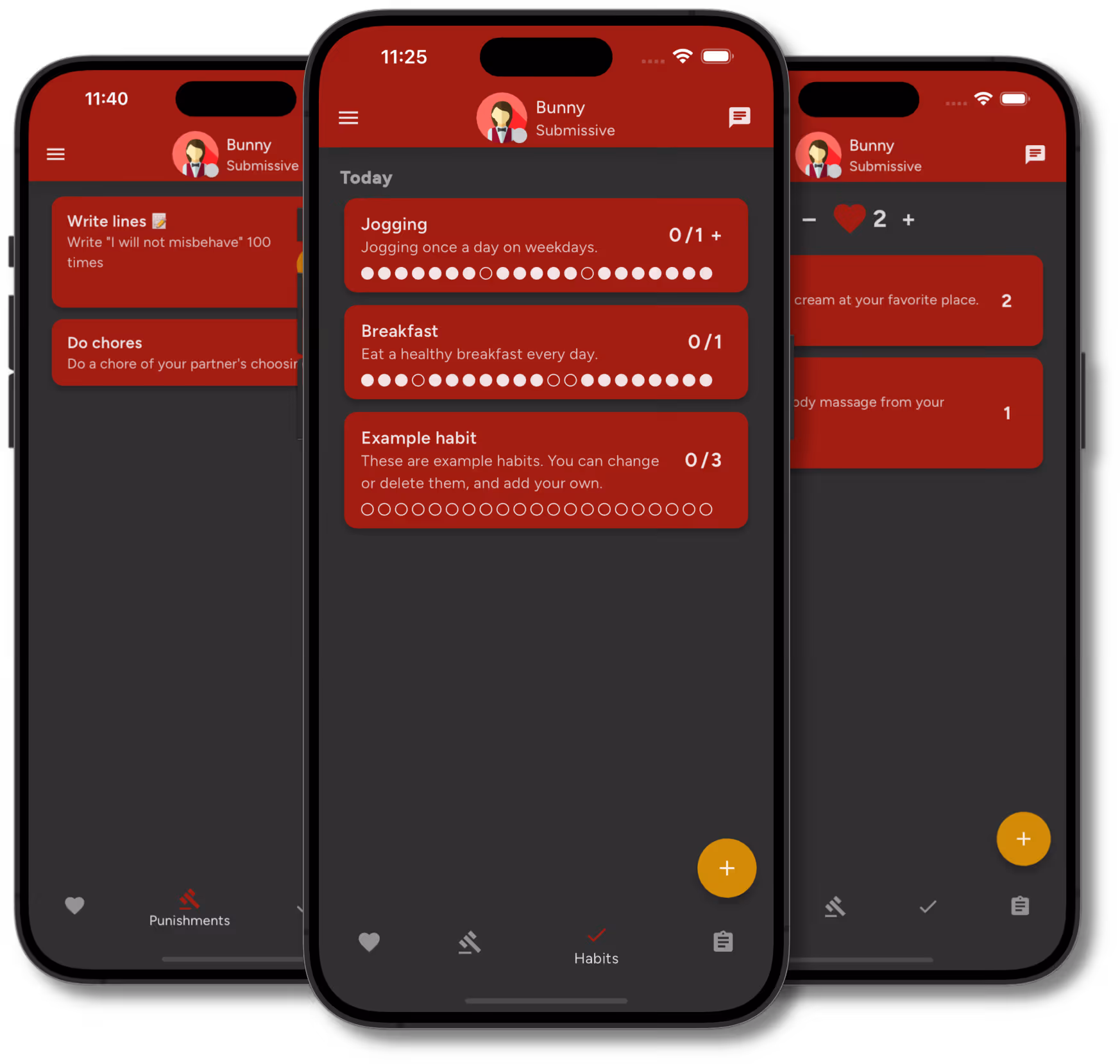 Three phones display a habit tracking app with tasks, progress dots, and a profile named Bunny Submissive.