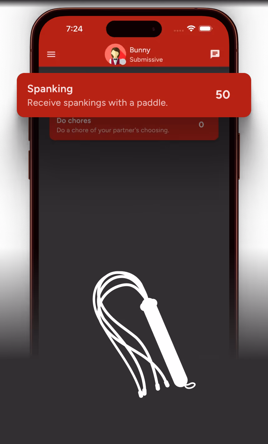 Mobile app screen showing a user named Bunny labeled Submissive with a spanking task worth 50 points.