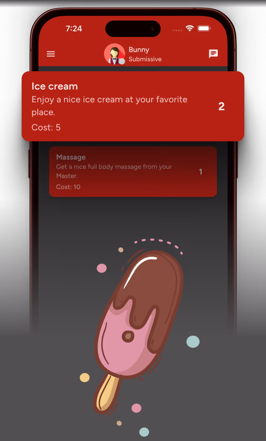 Mobile app screen showing user Bunny with rewards options: ice cream and massage, with ice cream highlighted.