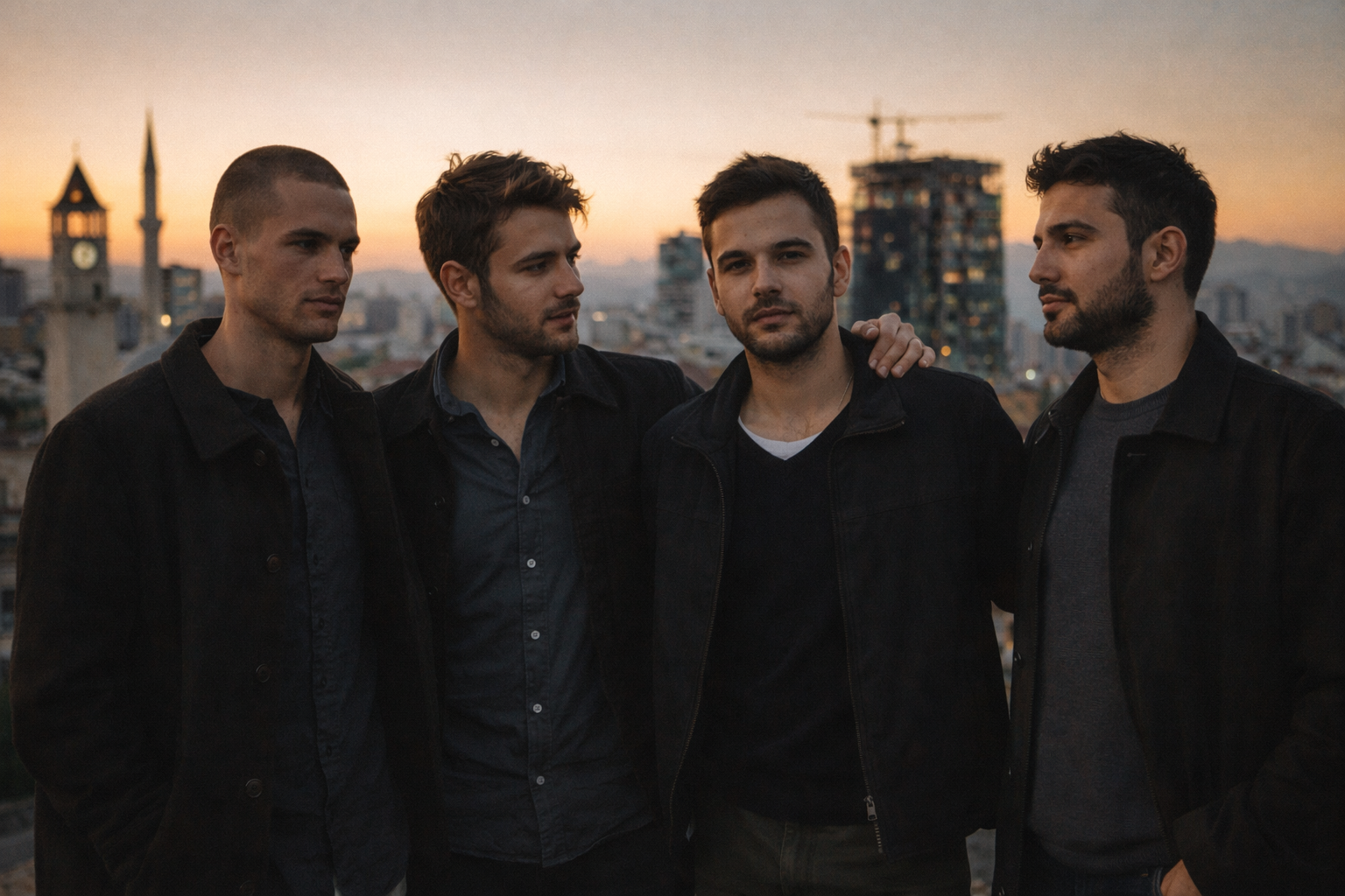Four young Albanian men standing together on a rooftop at sunset in Tirana, representing the next generation of a culture that has survived every empire