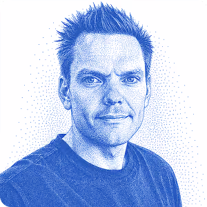 Blue stylized portrait of Tom Mayes featured in the OCF Institute alumni community