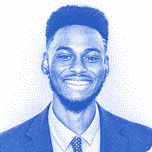 Blue stylized portrait of Jerry Baffour featured in the OCF Institute alumni community