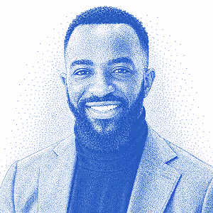 Blue stylized portrait of Malcolm Atuona featured in the OCF Institute alumni community