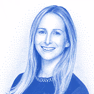Blue stylized portrait of Kate Mullahy featured in the OCF Institute alumni community