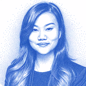 Blue stylized portrait of Astrid Chang featured in the OCF Institute alumni community