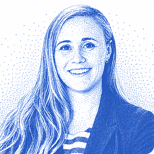 Blue stylized portrait of Sarah Luehrs featured in the OCF Institute alumni community