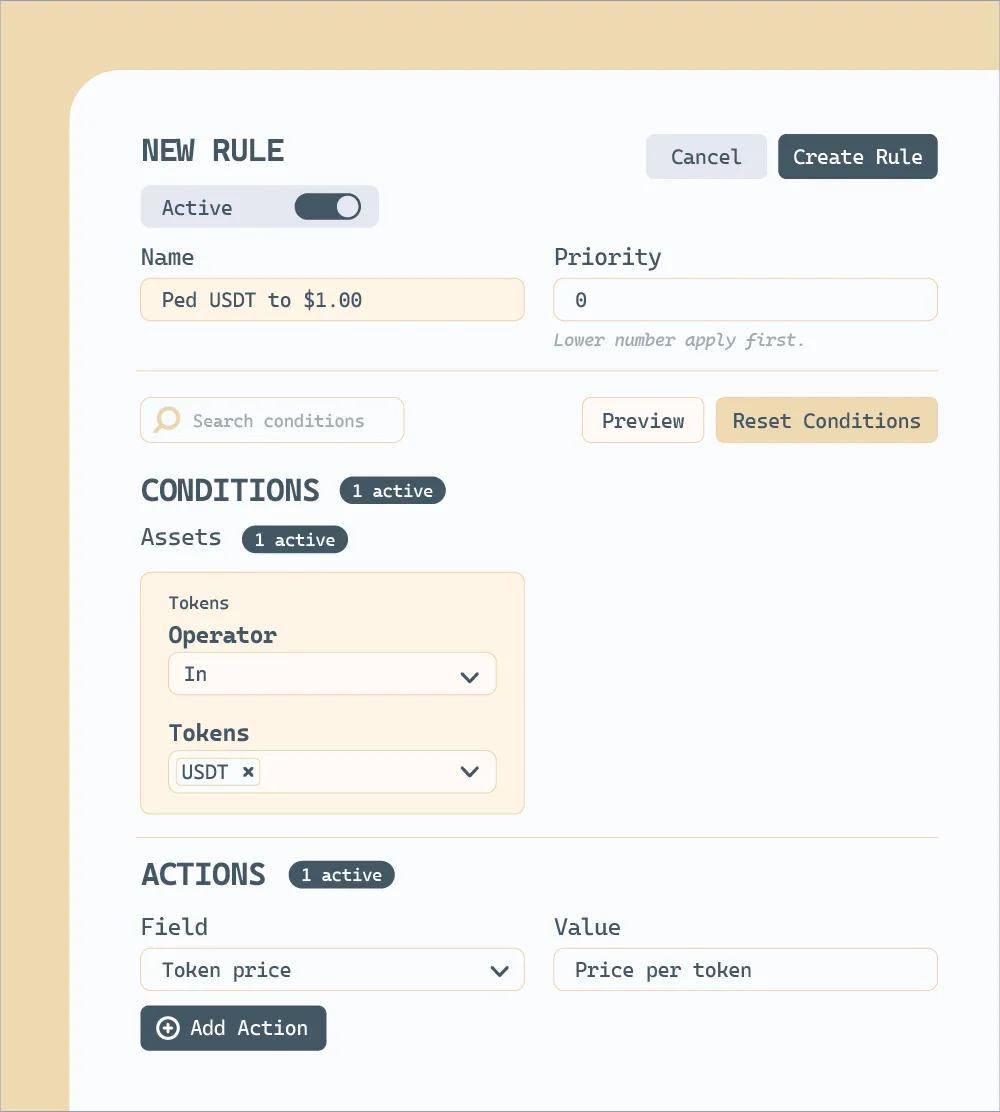Breezing automation rules categorising crypto transactions in bulk using conditions, actions and priorities