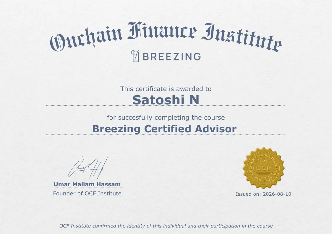 Breezing Certified Advisor certificate issued by OCF Institute