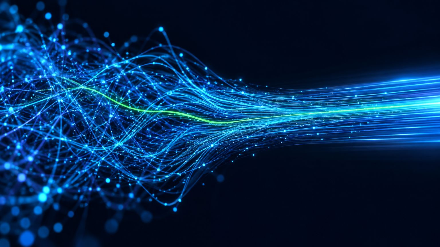 Glowing fiber-optic strands untangling into one fast, focused stream