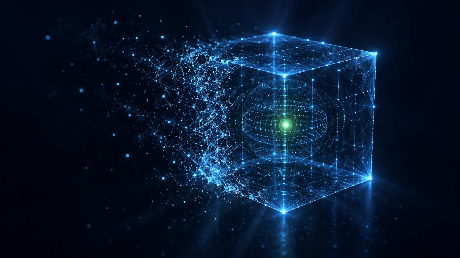 Holographic wireframe cube with one side dissolving into particles