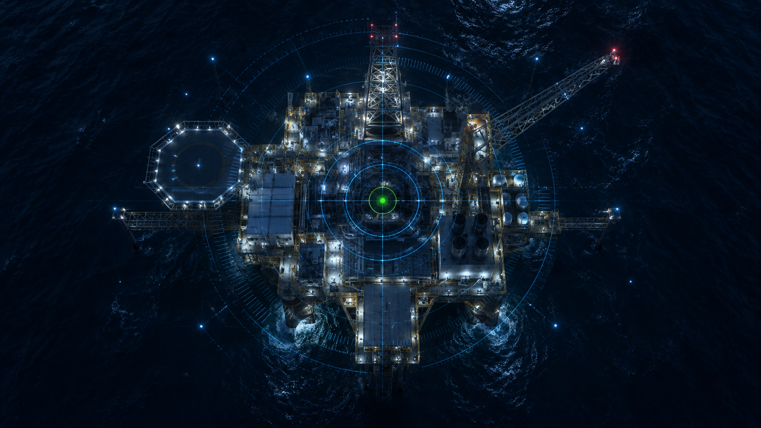 Aerial night view of an offshore platform with a holographic targeting overlay