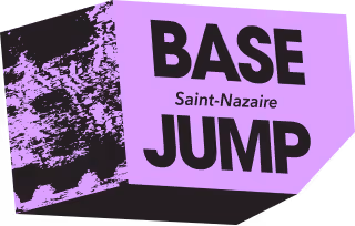 3D cube with a purple face showing black text 'BASE Saint-Nazaire JUMP' and a grungy black texture on the adjacent dark face.