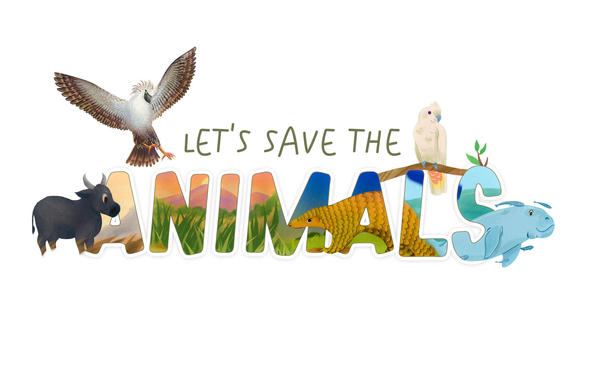 Text 'Let’s save the animals' with illustrations of a bird, buffalo, pangolin, parrot, and fish.