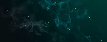 Abstract dark green background with connected glowing points and lines forming geometric shapes.