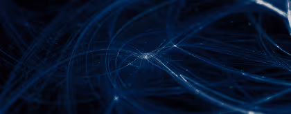 Abstract dark blue digital network with glowing interconnected light strands and nodes.
