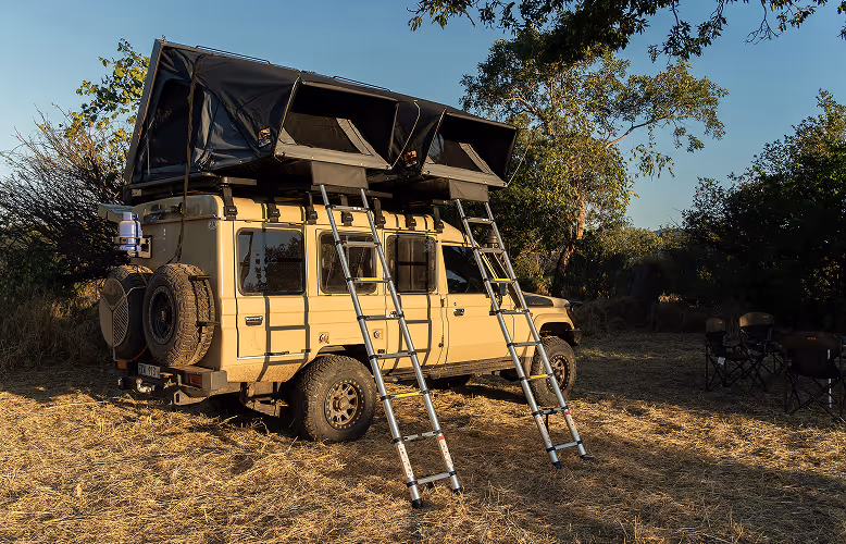 Beige terreinwagen met twee opgestelde daktenten en ladders geparkeerd op droog gras onder bomen tijdens zonsondergang.