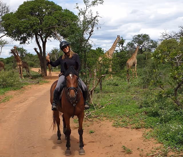 Vrouw te paard op een zandpad in een savanne met meerdere giraffen in de achtergrond.