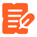 Orange icon of a document with text lines and a pencil writing on it.