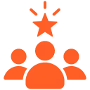 Orange icon of three people with a star above the center person, representing teamwork or leadership.