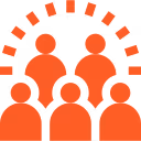 Stylized orange icon depicting a diverse group of five people with an arch of dots above them.