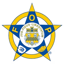 FOP emblem featuring a yellow and blue five-pointed star with the letters F, O, P, a handshake, and a central detailed badge with a building and eagle.