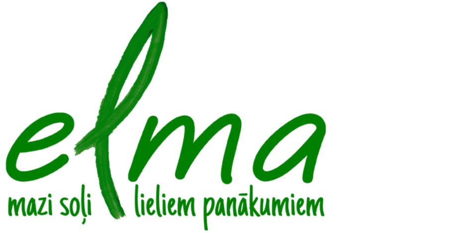 Zaļš teksts ar vārdu elma un uzrakstu mazi soli lieliem panākumiem.