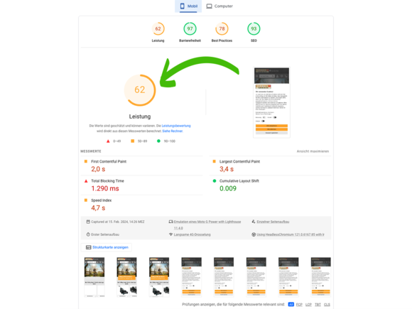 Screenshot einer Analyse bei Google PageSpeed Insights