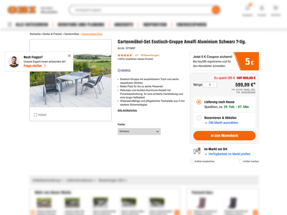 Screenshot einer perfekt optimierten Produktseite von OBI
