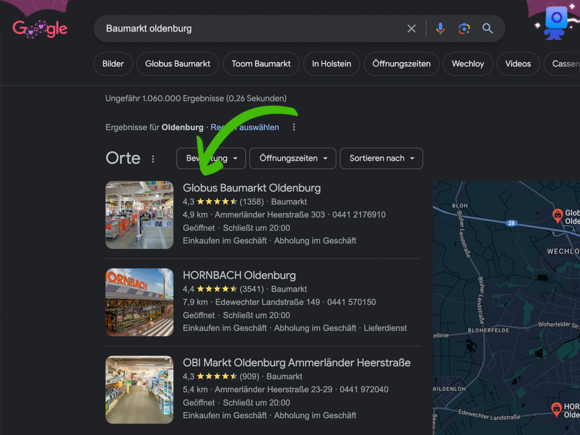 Screenshot von lokalen Anbietern zum Thema Baumarkt Oldenburg