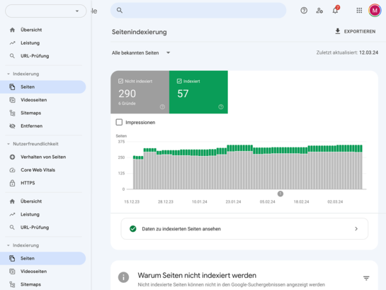 Screenshot aus der Google Search Console, der die Übersicht der indexierten und nicht indexierten Seiten abbildet