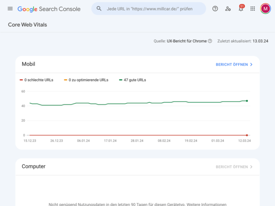 Auswertung der Mobilfreundlichkeit der hinterlegten Webseite in der Google Search Console