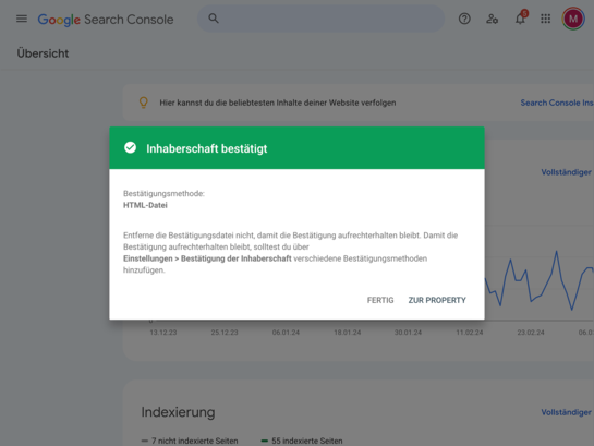 Screenshot aus der Google Search Console mit Bestätigung der Inhaberschaft