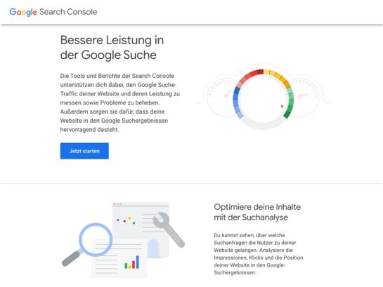Screenshot der Startseite der Google Search Console