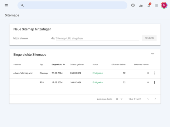 Screenshot aus der Google Search Console mit der Übersicht der eingereichten Sitemaps