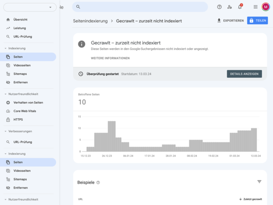 Screenshot aus Google Search Console zur Ansicht der indexierten Seiten