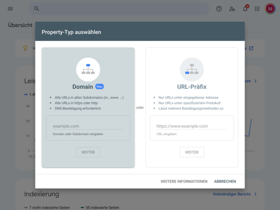 Screenshot der Search Console zur Auswahl des Property-Types zur Verifizierung der Domain