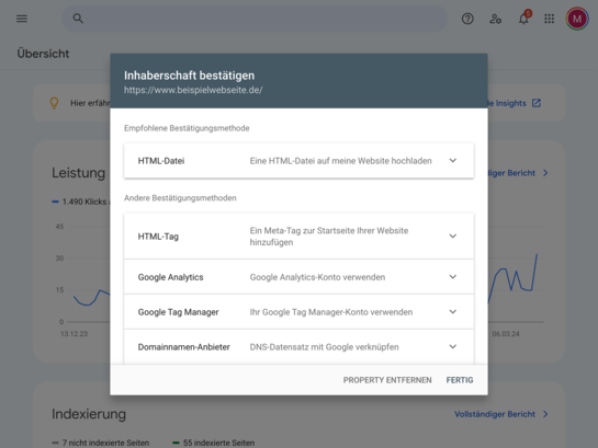Screenshot aus der Google Search Console mit Auswahlmöglichkeiten zur Bestätigung der Inhaberschaft der Domain