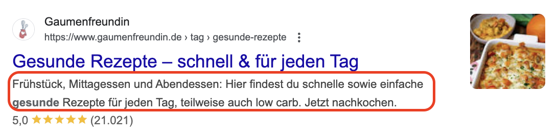 Screenshot gesundes Kochen Meta Description