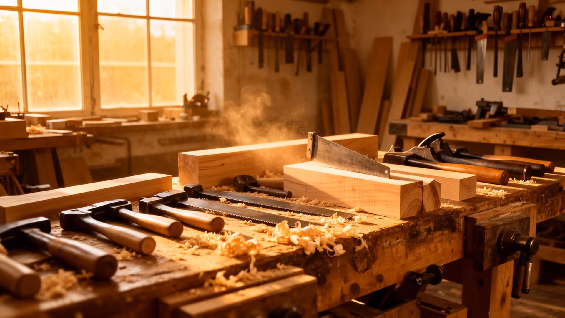 Holzwerkstatt mit Handwerkzeugen wie Sägen, Hämmern und Hobeln auf einer Arbeitsbank mit Holzspänen.
