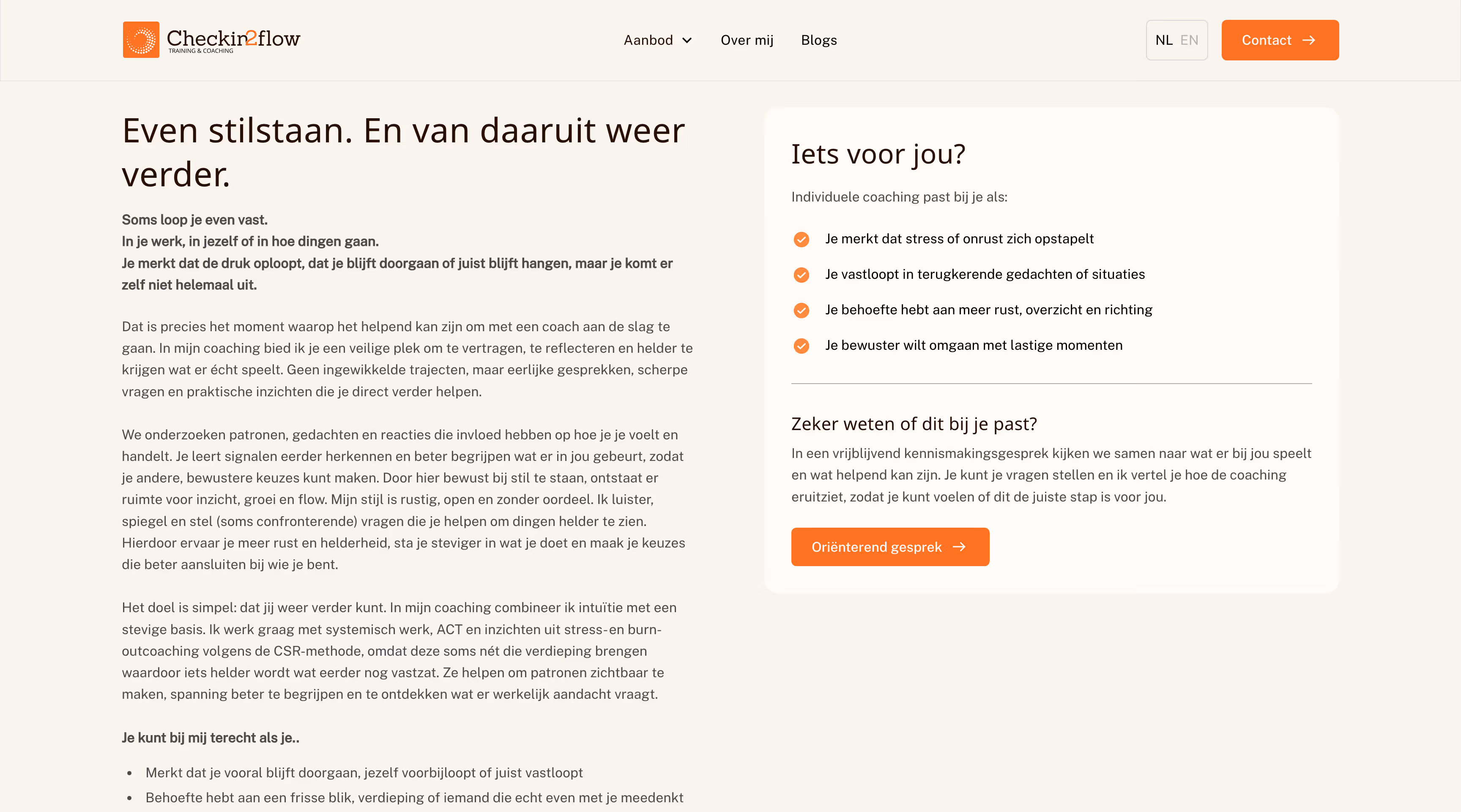 Coaching website in Dutch about handling stress, offering individual coaching and an introductory meeting.