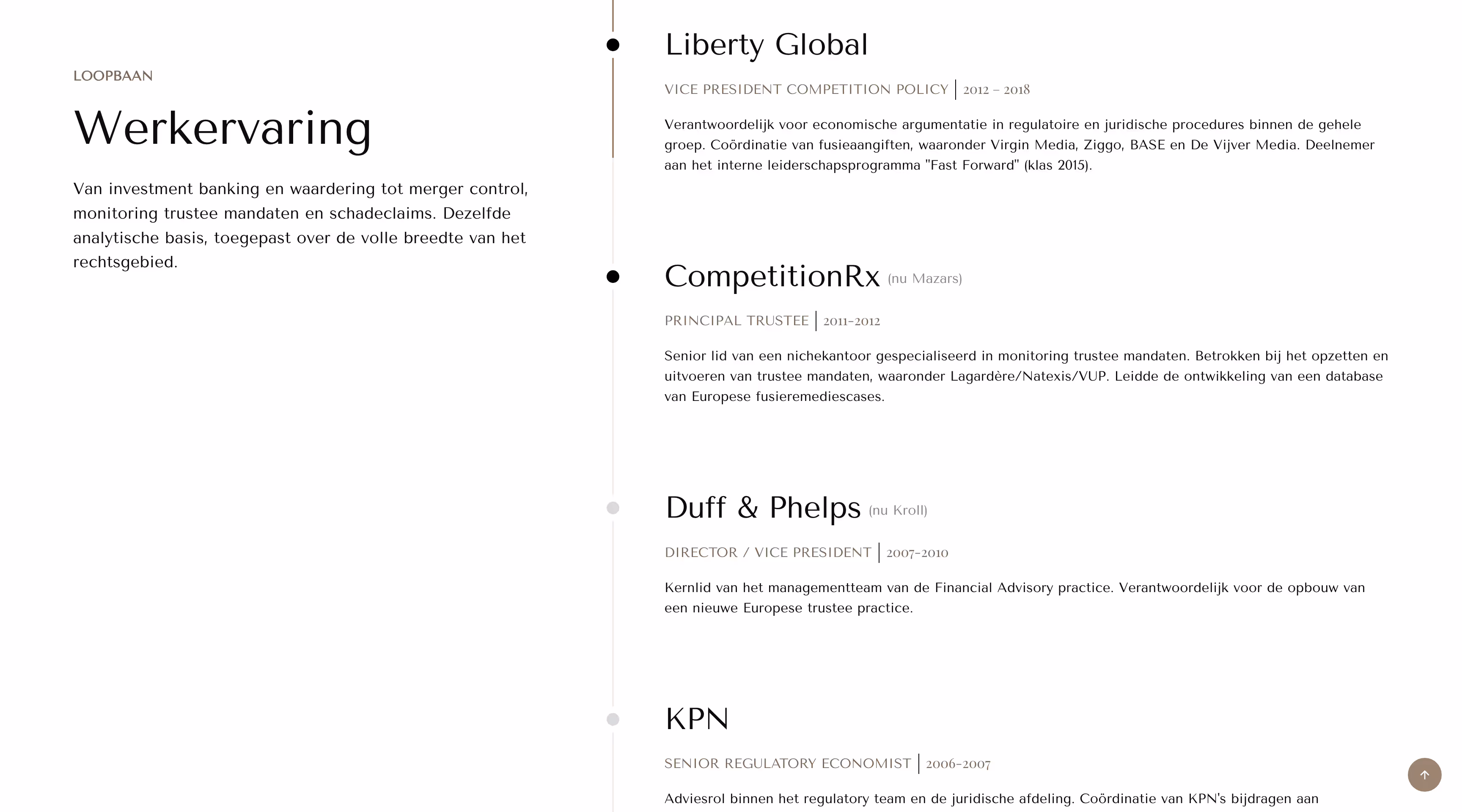 Werkervaringsoverzicht met banen bij Liberty Global, CompetitionRx, Duff & Phelps en KPN van 2006 tot 2018.