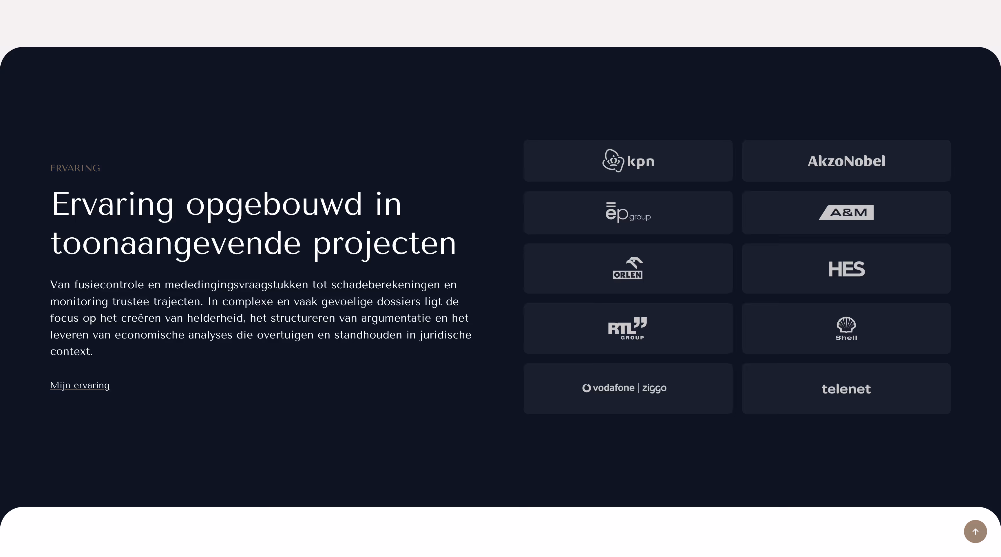 Tekst over ervaring in projecten met logo's van KPN, AkzoNobel, Shell en andere bedrijven ernaast.