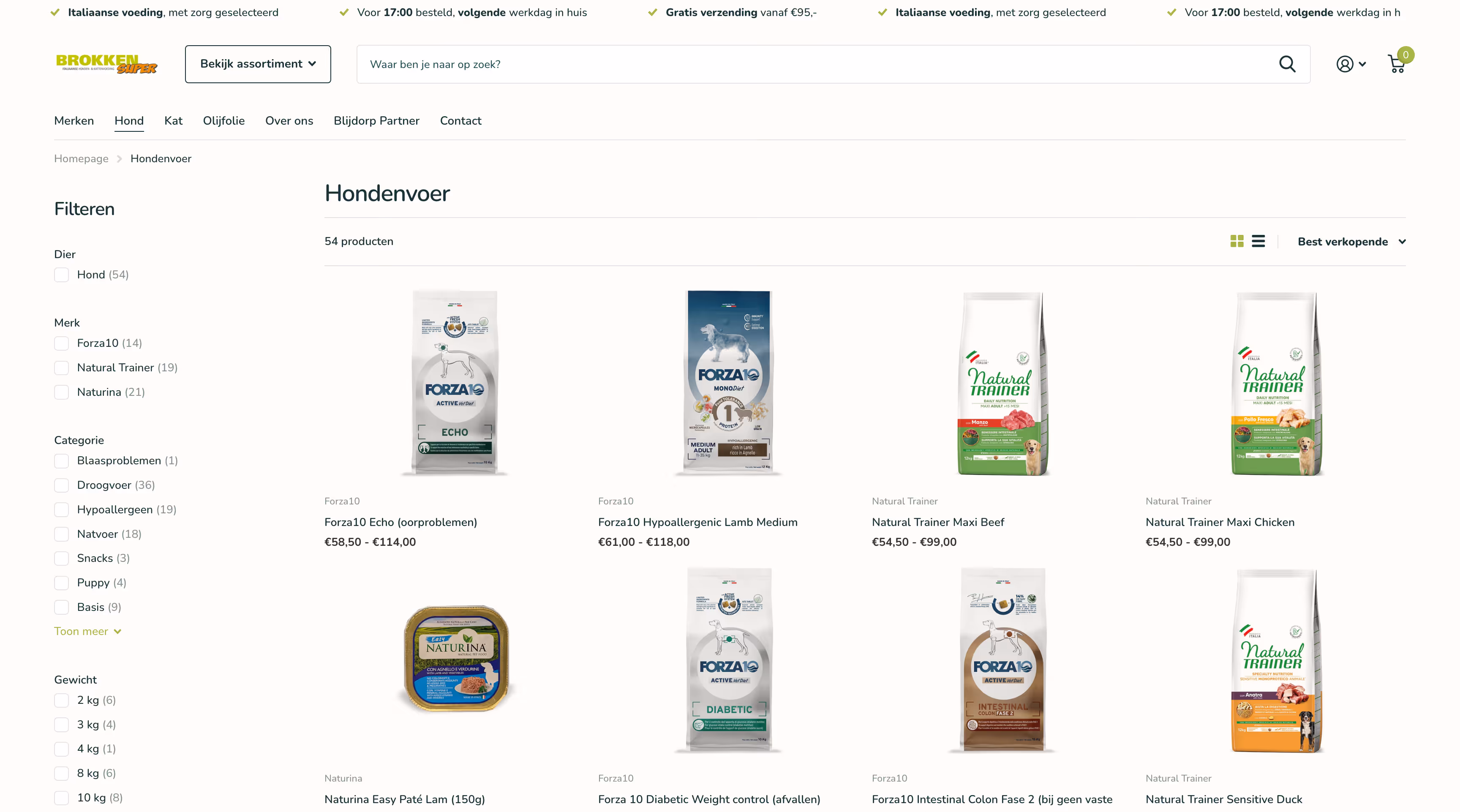 Webshop page showing dog food products by Forza10, Natural Trainer, and Naturina with prices and filters.