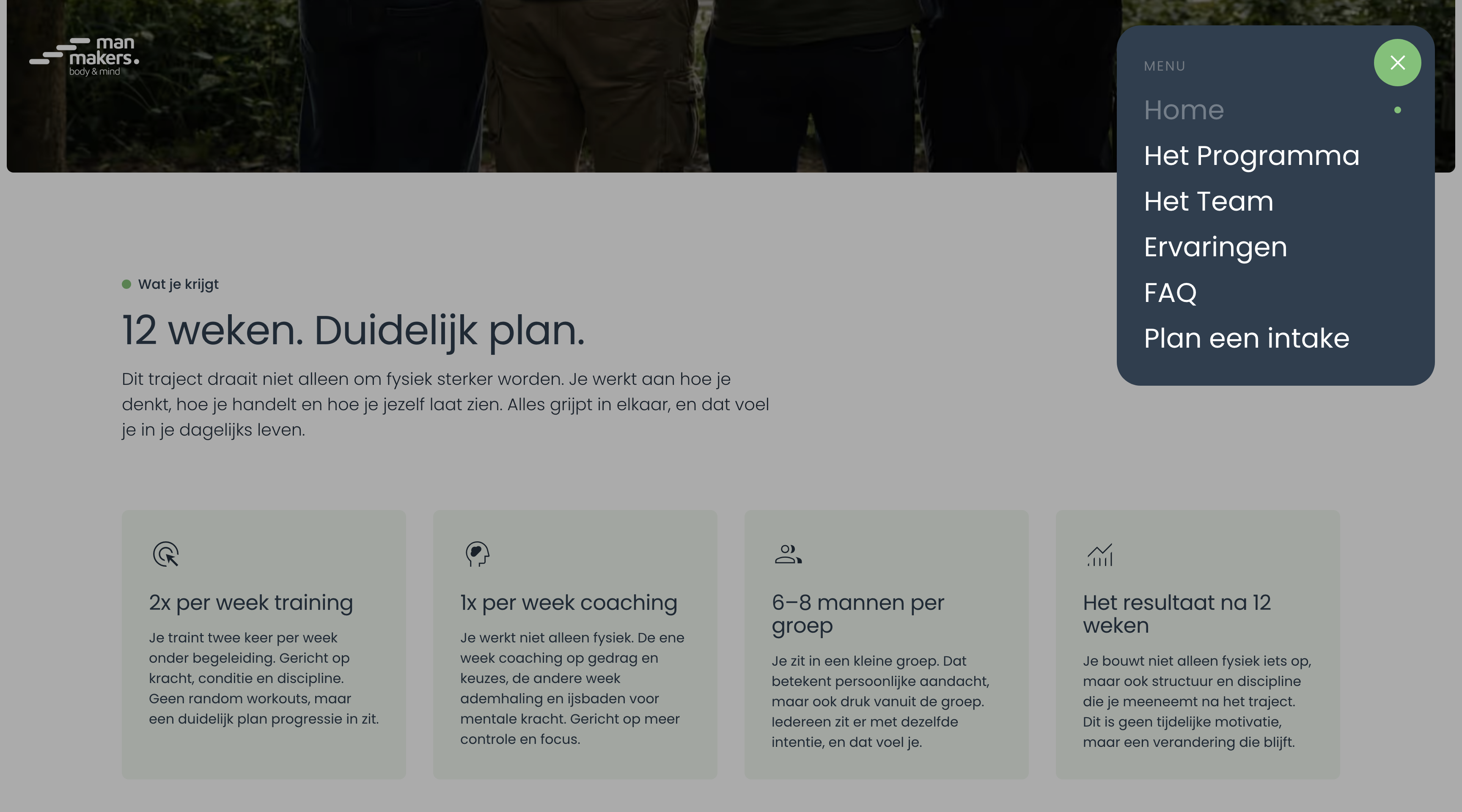 Website menu and program overview describing a 12-week clear plan with training, coaching, small groups, and lasting results.