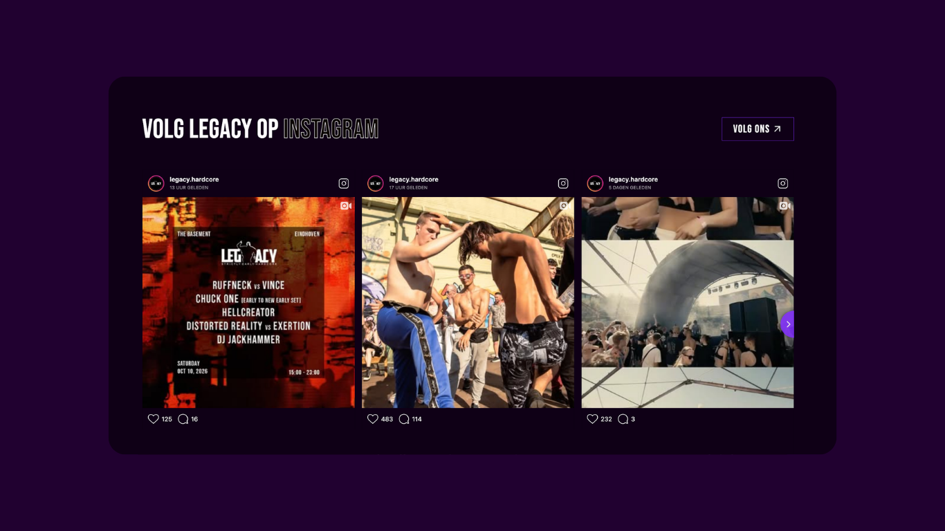 Instagram posts showing a music event flyer, people dancing shirtless, and a crowd at a concert stage.