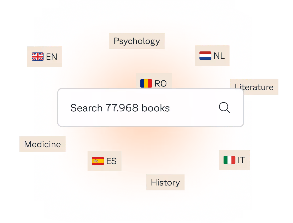 Zoekbalk met omliggende tags en filters zoals Psychologie, Tech, Engels en Italiaans. Impliceert grote hoeveelheden boeken die op het platform te vinden zijn.