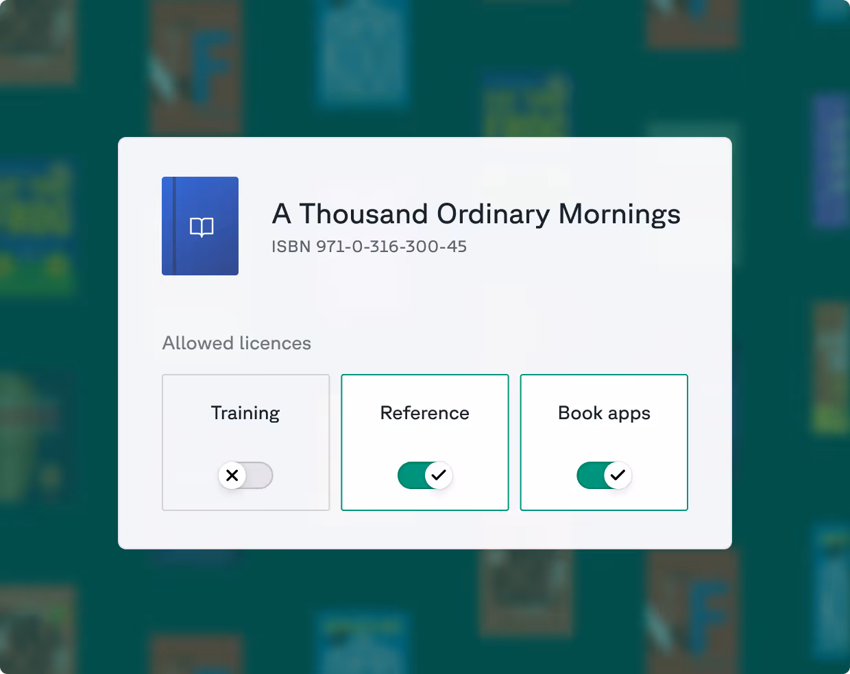 Boek met de titel A Thousand Ordinary Mornings met toegestane licenties die zijn omgeschakeld voor de apps Naslagwerk en Boek, niet voor Training.