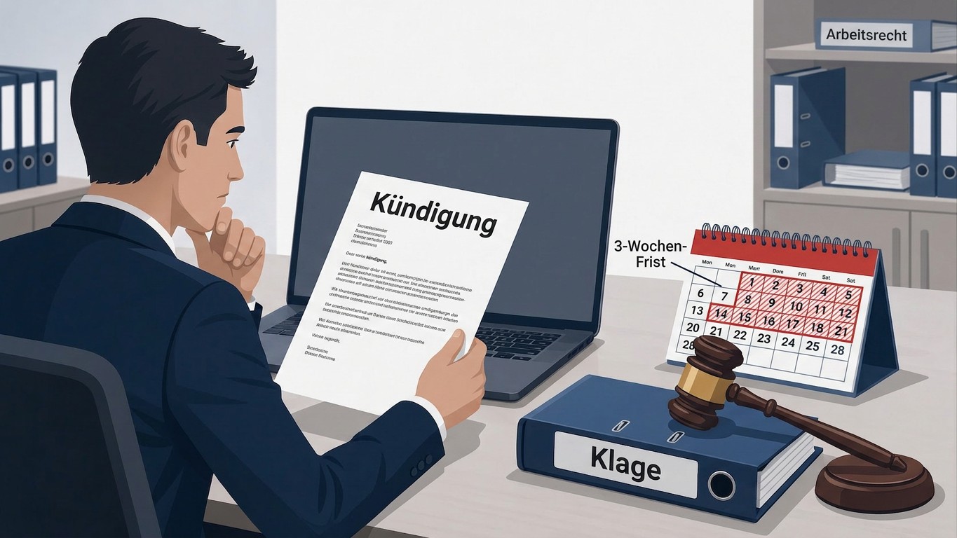 Illustration einer Person am Schreibtisch mit Kündigungsschreiben in der Hand