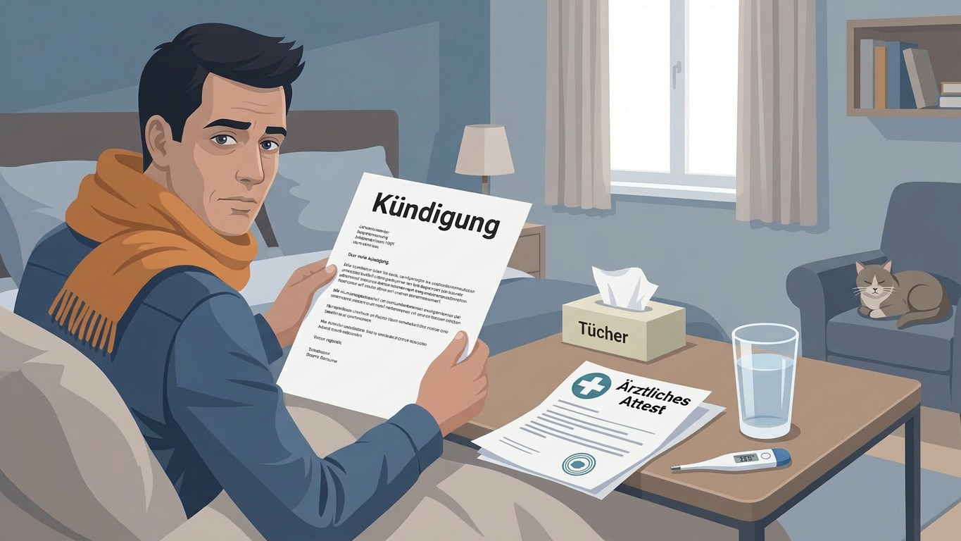 Illustration welche eine Kranke Person mit Kündigungsschreiben zeigt