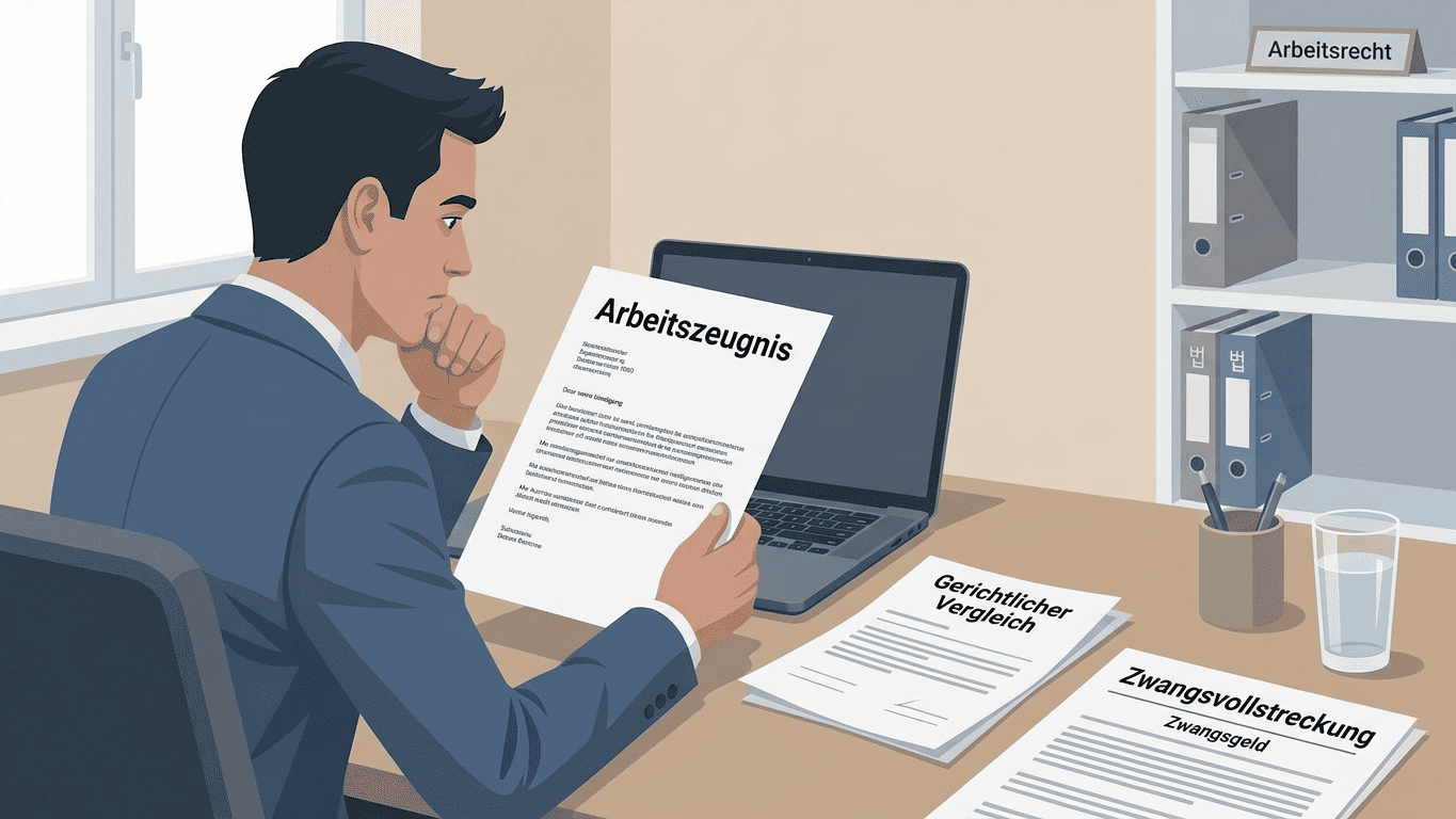 Mann im Anzug prüft am Schreibtisch ein Arbeitszeugnis neben Laptop und Akten mit den Überschriften "Gerichtlicher Vergleich" und "Zwangsvollstreckung", Regalfach mit Schild "Arbeitsrecht" — symbolisiert rechtliche Prüfung von Arbeits- und Kündigungsfragen